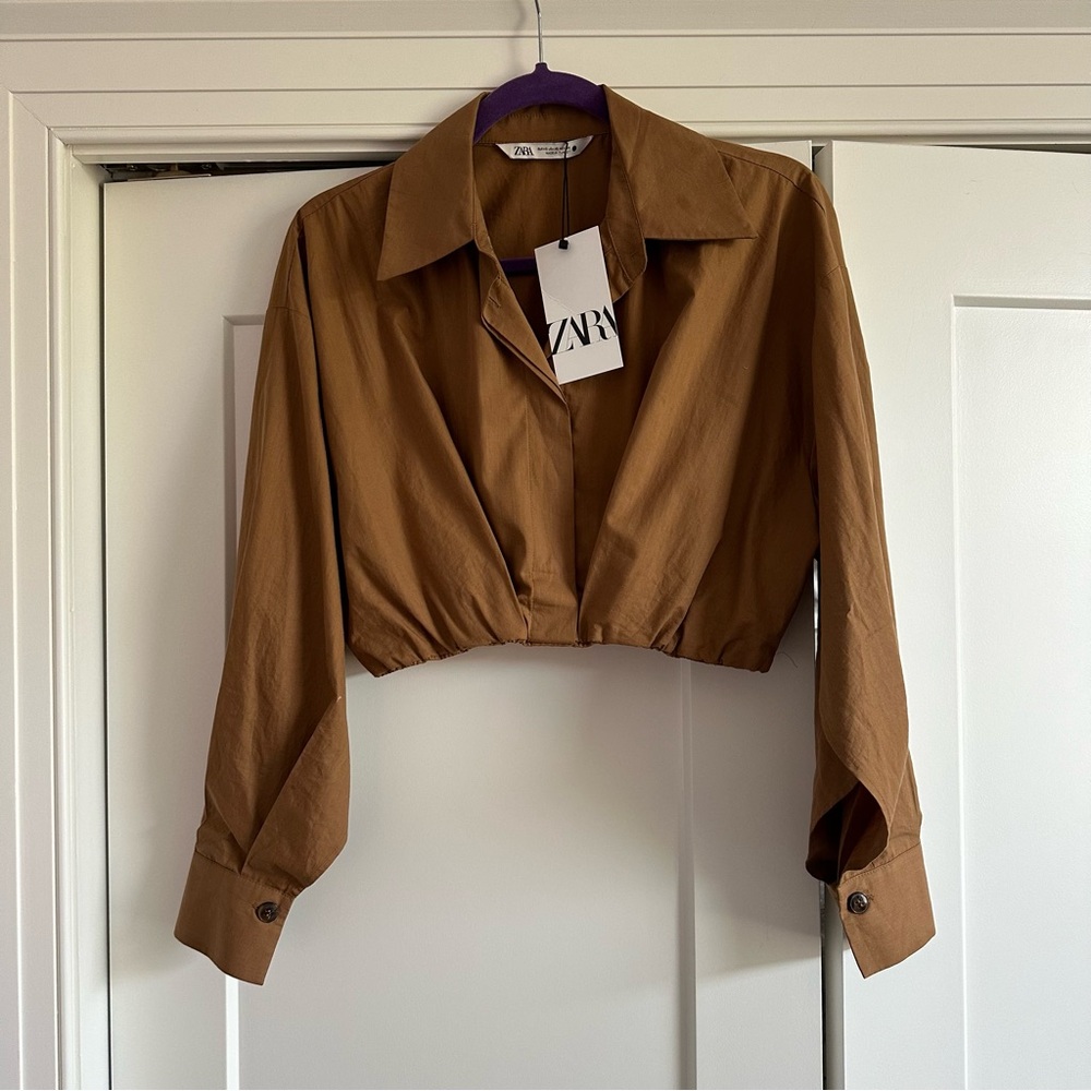 Zara Cropped Button-Front Shirt Jacket in Camel Brown